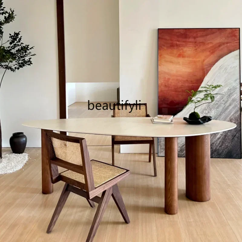 Medieval solid wood dining table Modern special-shaped oval creative Nordic desk dining table customization5556