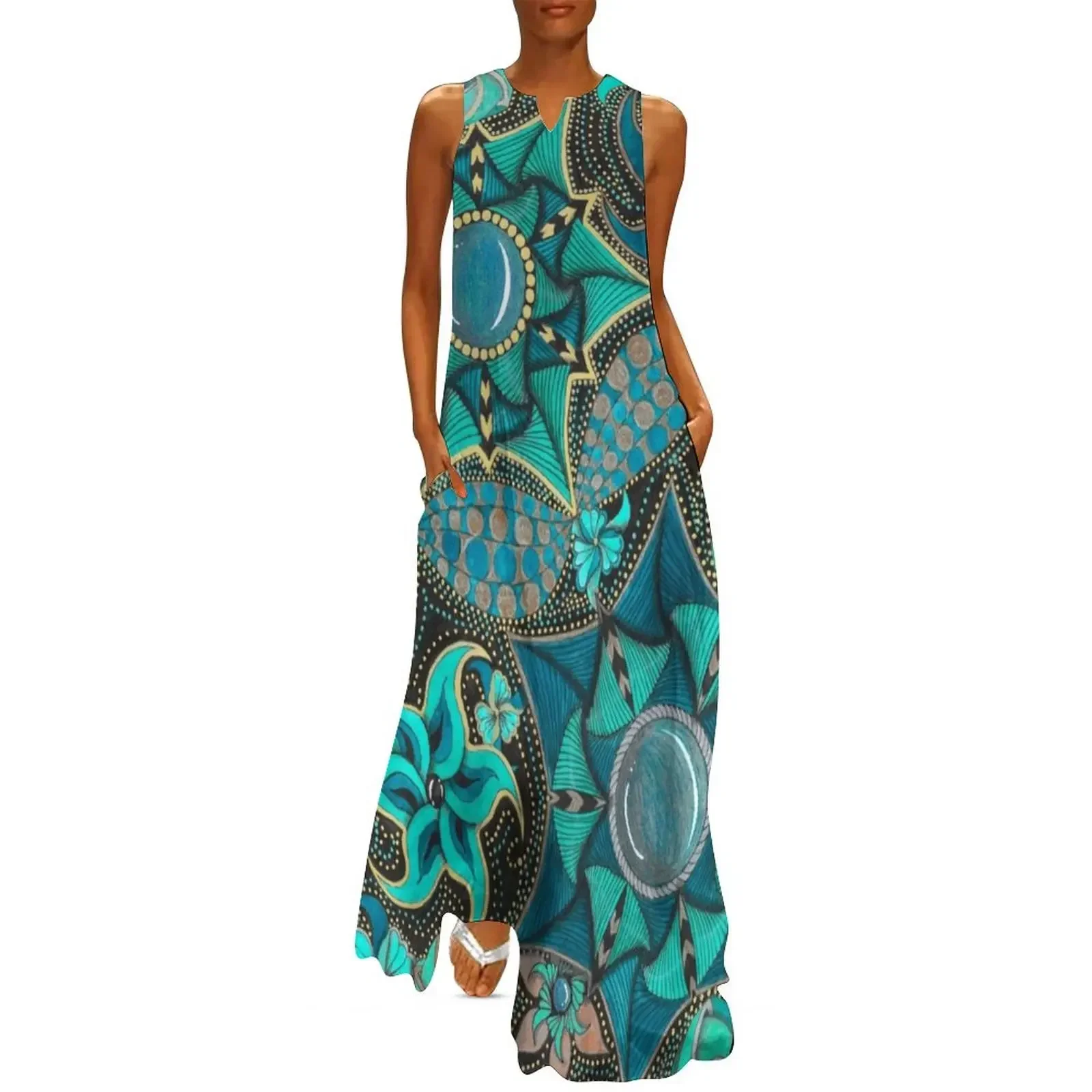 

Turquoise and gold paradox zentangle style texture Long Dress birthday dress Dress for pregnant women evening ladies