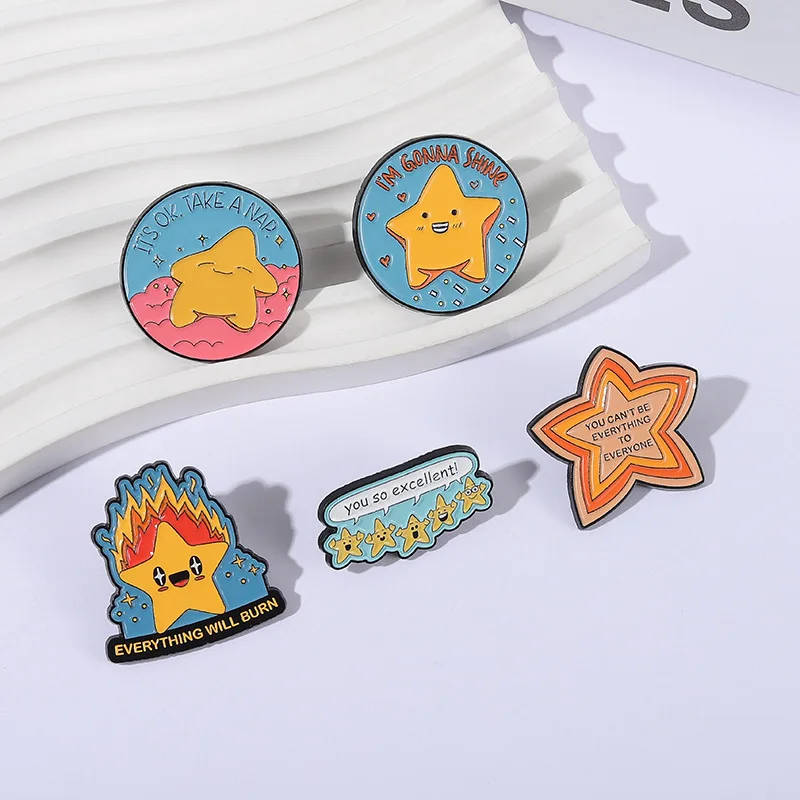 Five-pointed Star Brooches Cartoon Style Sparkling Confident Positive Text Metal Badges Small Gifts Wholesale Backpack Pin Pins