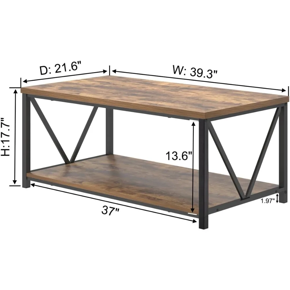 Rustic Brown Industrial Metal and Wood Coffee Table with Storage Shelf for Living Room