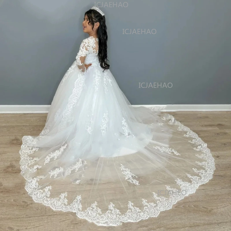 2026 Kids White Evening Dress Children Sweep Train Tutu Long Sleeve Performance Host Birthday Piano Runway Pageant Gown Costume