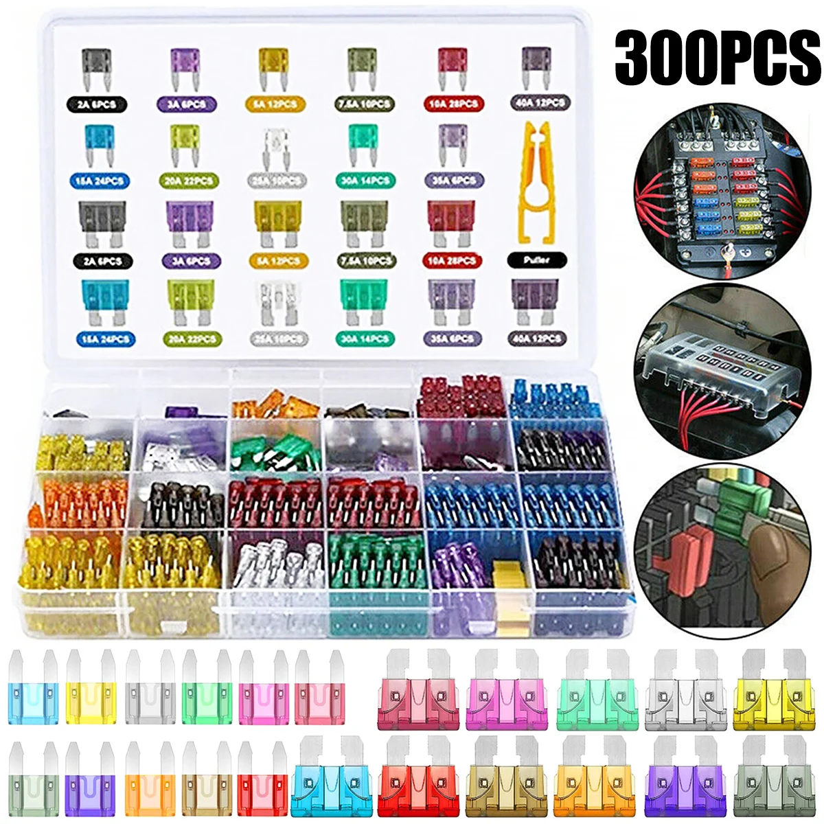 300Pcs Truck Blade Car Fuse Kit 2A/3A/5A/7.5A/10A/15A/20A/25A/30A/35A/40AMP Blade Fuses for Cars Trucks Boats Auto Accessories