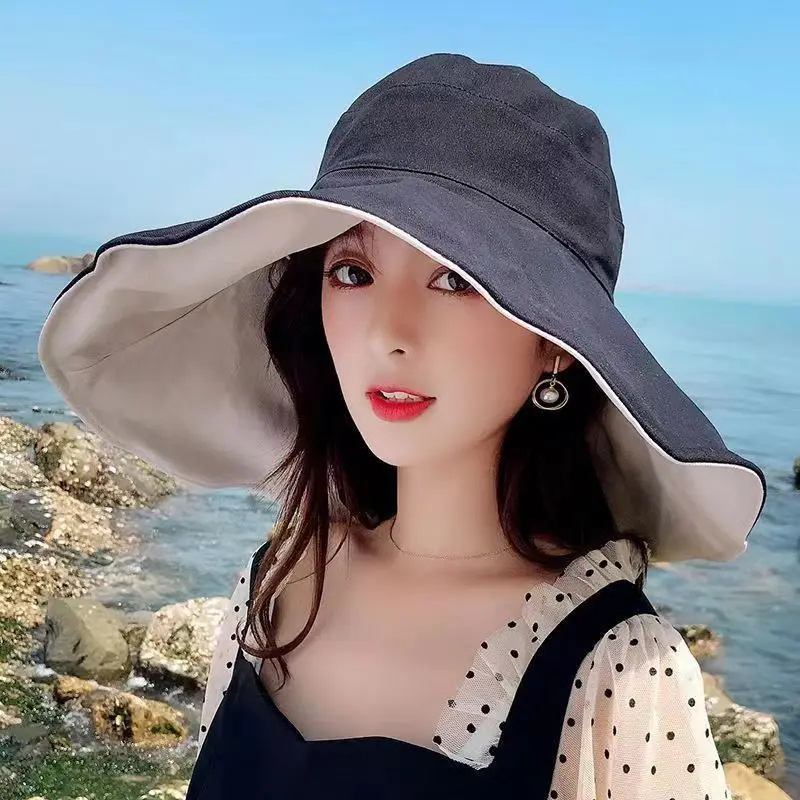 

Korean style Oversized Brim Bucket Hat - Women's UV50+ Sun Protection Visor, Resort Chic Summer Beach Vacation Sun Hat