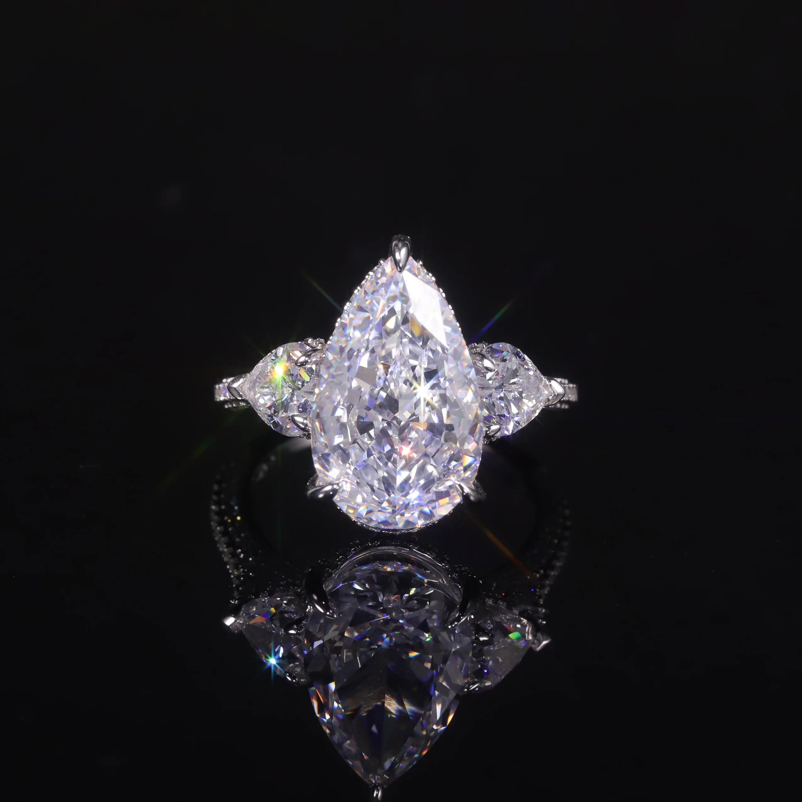 

925 Sterling Silver Large Pear Cut CZ Ring - 11x18mm White Crushed Ice Diamond - Three Stone Jewelry