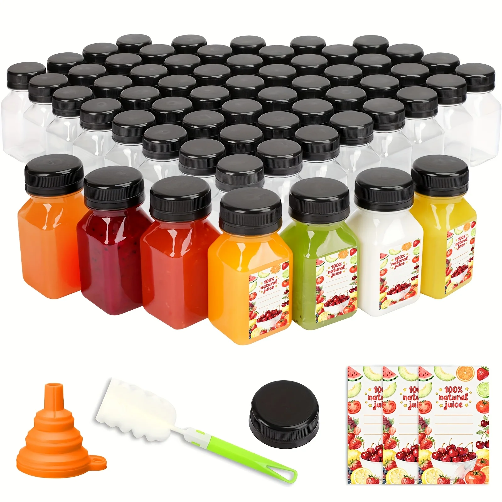 

100pcs 4oz Bottles, Reusable Mini JuiceBottles with Lids, Labels, Funnel And Brush BeverageContainers for Juicing, Milk And Beverages