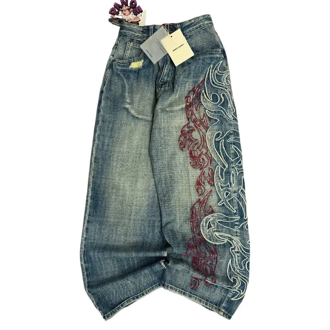 

Y2K American New Pattern Embroidery Baggy Jeans High Waist Men's Casual Straight Leg PVC Fabric Clean Fit Neutral Sle