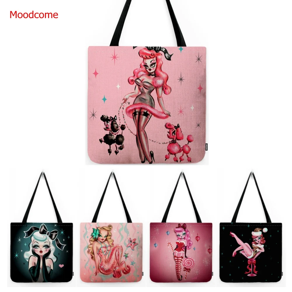 Sexy Cartoon Girl Mermaid Christmas Baby Demon Girl Unique Design Water Resistant Cotton Linen Shopper Shoulder Bag Tote Bag