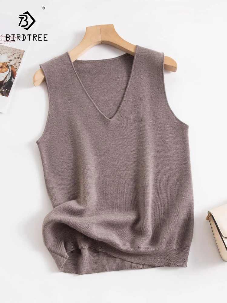 BirdTree, 100%Merino Wool Elegant Knitted Vest, Women V Neck Sleeveless, Loose Bottom Soft Sweater, 2024 Autumn Winter T478117QC