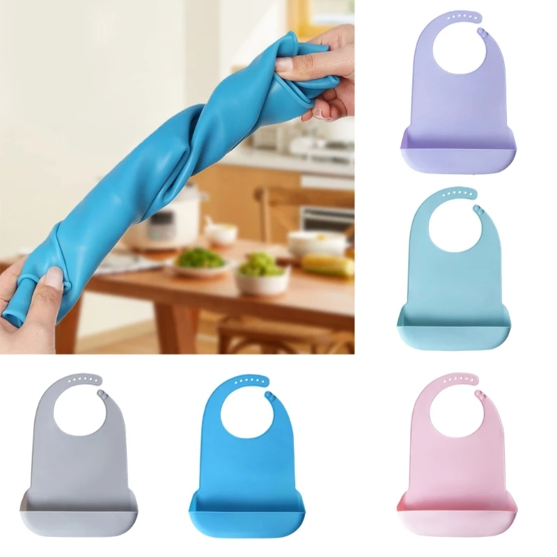 Practical Silicone Bib Washable Eating Aid Dining Protector Solid Feeding Burp Cloth Drooling Bib for Adults Seniors