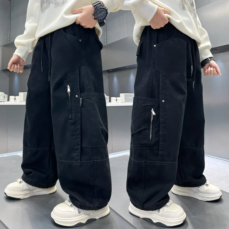 Child Winter Warm Heavy Weight Cargo Pants with Fleece For Tweens Boy Classic Design Insulated Trousers Kids Thick Sweatpants