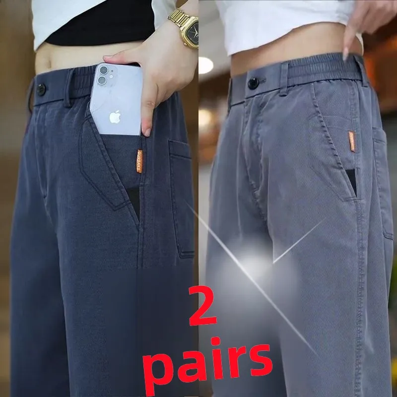 

Ice Silk Casual Men's Pants Summer Thin Elastic Waisand Loose Straight Leg Workwear Trousers Wear Resistant Work Pants