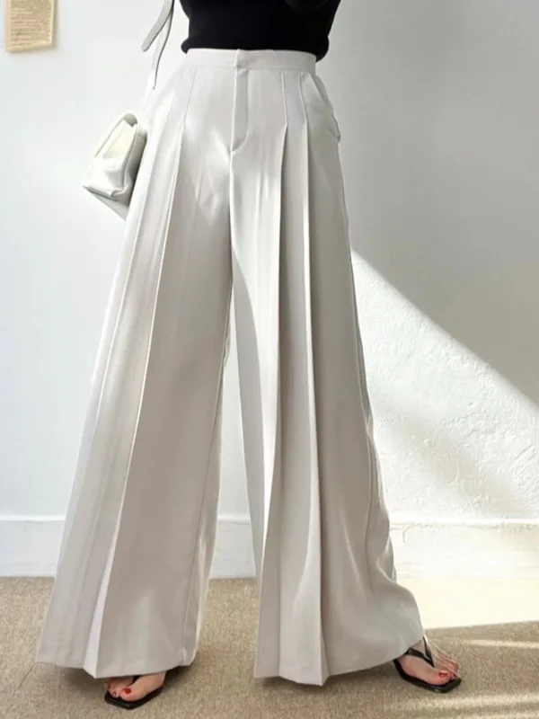 

Ele High Waist Wide Leg Suit Pants Women's Faion Pred Pleat Design Loose Drapey Floor-Length Versatile Trousers