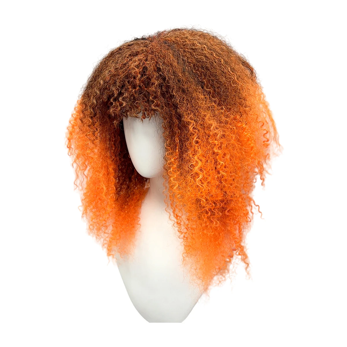 Brown Root Orange Ombre Afro Curly Wig Synthetic Hair Tiny Curl Bangs Hip Hop Cosplay Halloween Costume Party Full Wigs forWomen view 4