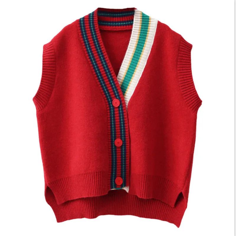 2023 Female Fashion Loose Vest V-neck Button Sweater Open Stitch Casual Striped Cardigan