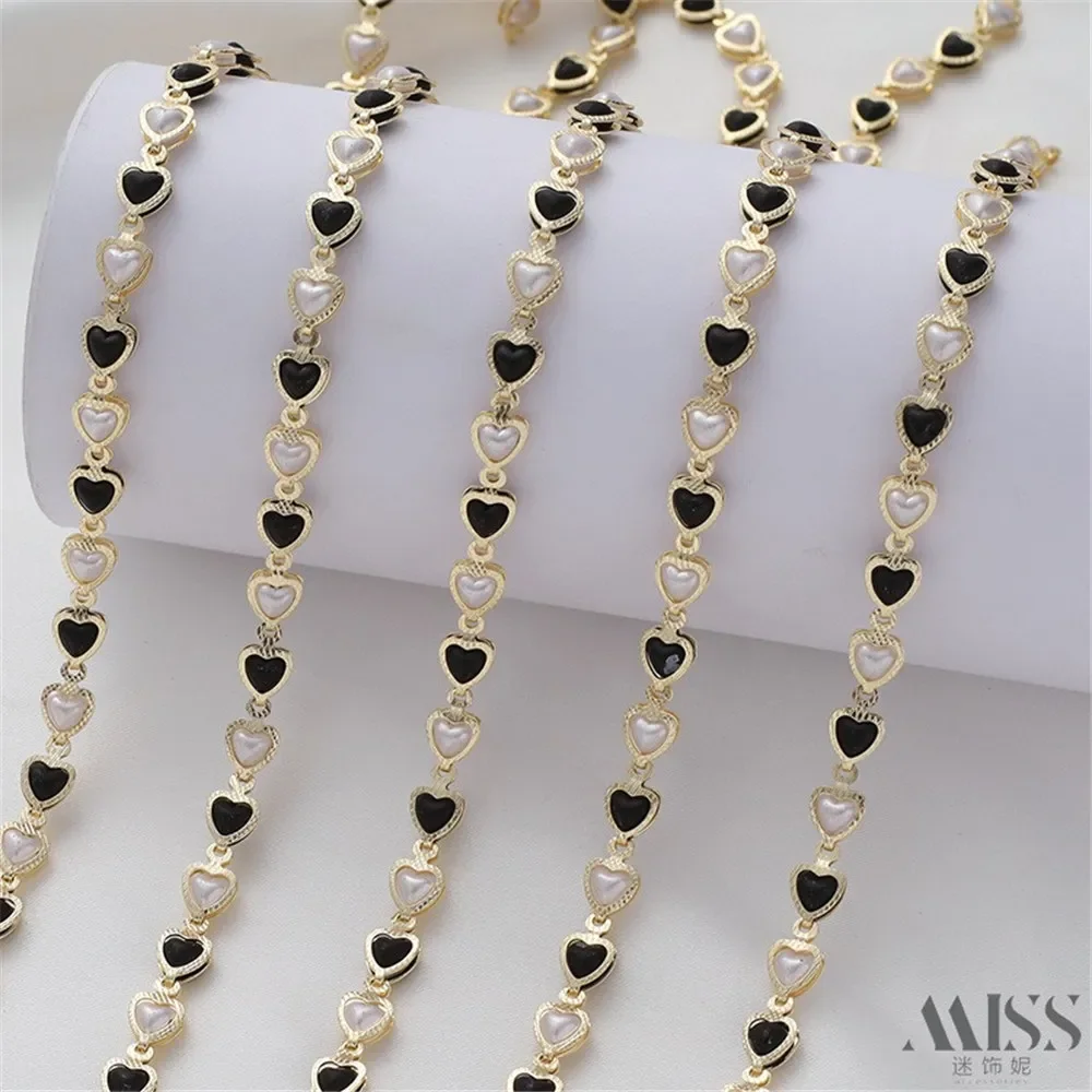 14K Gold Inlaid Black and White Pearl Peach Heart Handmade Chain DIY Accessories Bracelet Necklace Ear Jewelry Heart Chain