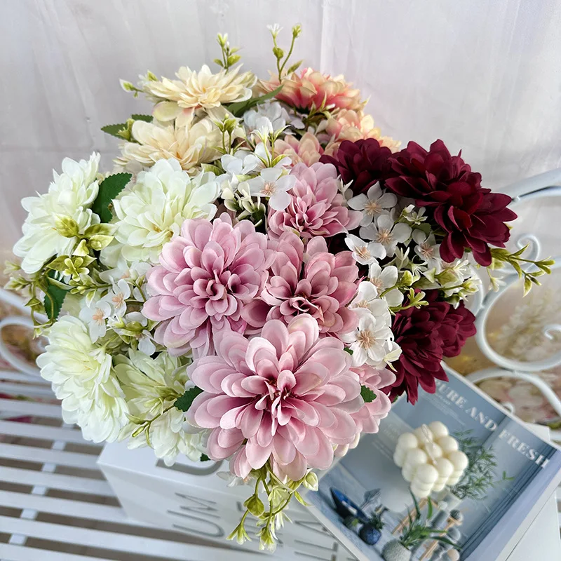 

9-Fork Bundle of Dahlia Wedding Room Accessories Hotel Window and Desktop Flower Arrangement Decoration Artificial Flowers