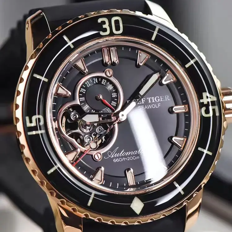 Reef Tiger Men Automatic Watch 44mm Mechanical Wristwatch Diver 20ATM Waterproof Military Luminous Sapphire Mirror & Bezel
