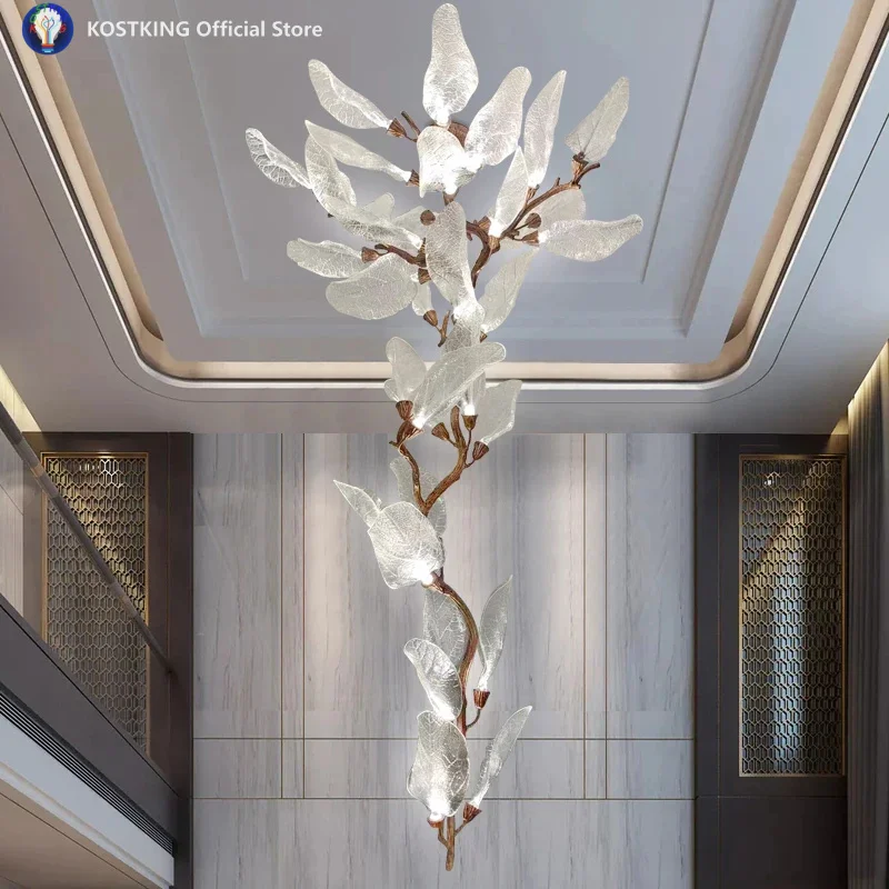 

Luxury Resin Leaf Ceiling Chandelier for Staircase Vila Hotel Copper Leaf Pendant Chandelier Living Room Ceiling Lamp Restaurant