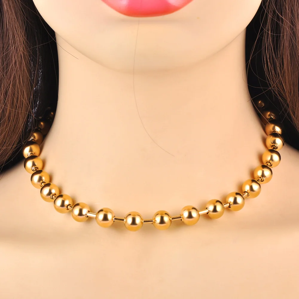 Lokaer Fashion Stainless Steel 8/10mm Round Beads Chain Necklace Bracelet Sets for Women 18K Gold Plated Party Jewelry N24082