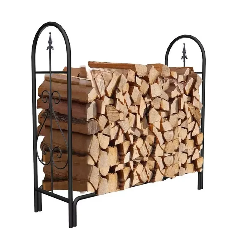 European Artistic Black Wrought Iron Floor Standing Log Storage Rack Outdoor Firewood Display and Organizer Shelf Home and