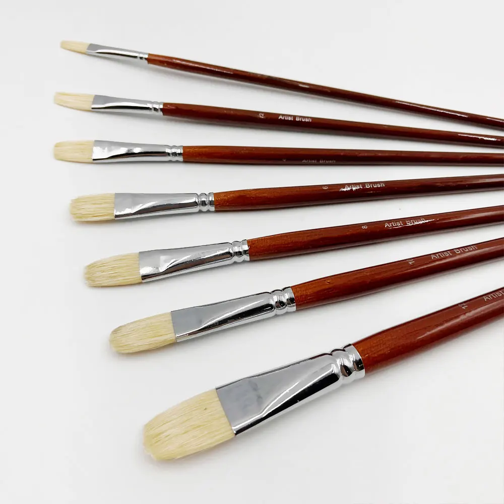 7pcs Professional Hog Bristle Filbert Oil Paint Brushes Set, Long Wooden Handle Natural Chungking Hog for Oil Acrylic Painting