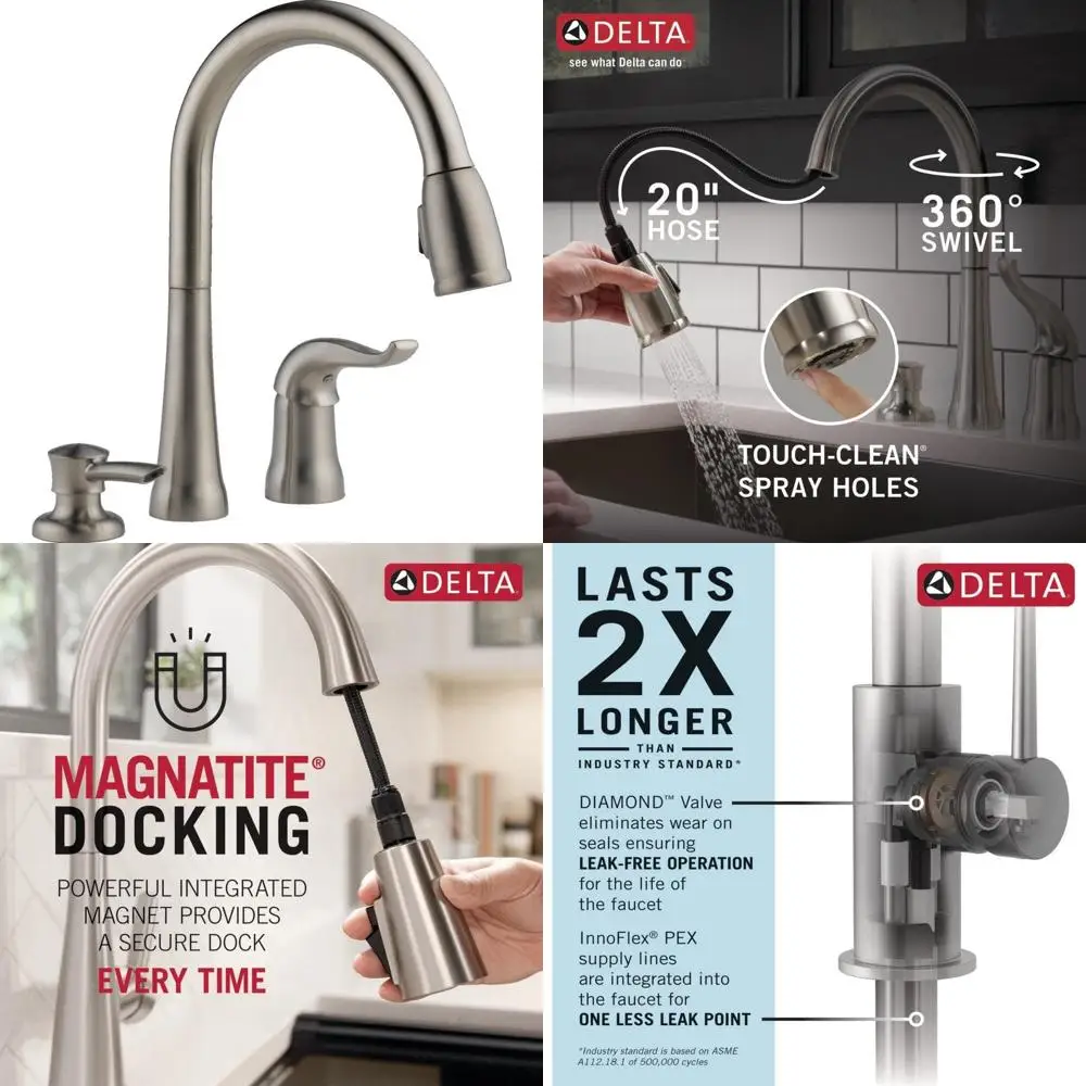 

Modern Brushed Nickel Pull-Down Spray Kitchen Faucet with Soap Dispenser, Single Hole Sink Fixture