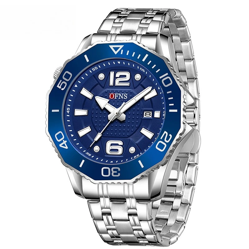 

Кварцевые часы OFNS, мужские повседневные водонепроницаемые часы с трехмерной шкалой и календарем, вращающийся внешний ободок, светящиеся часы
