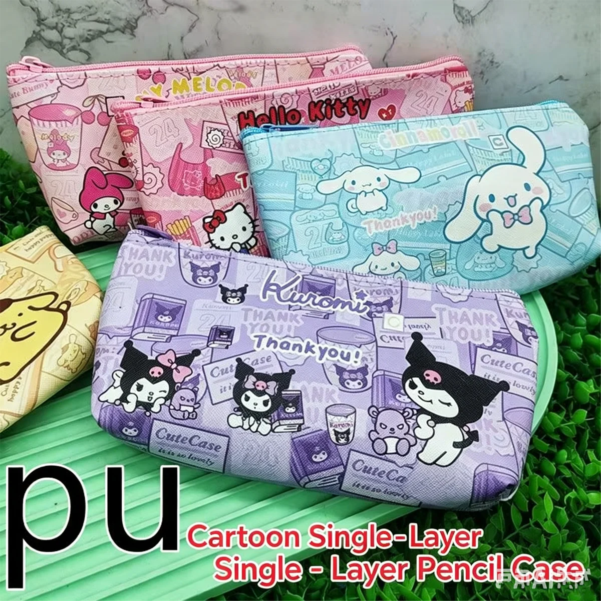 Cute Sanrio Pencil Case, Large Capacity PU Zipper Pencil Case, Single-Layer Waterproof Stationery Storage Bag.