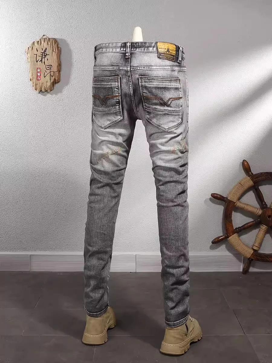 Fashionable men's jeans, high-quality retro gray elastic slim fit slit jeans, men's embroidered retro latest designer denim pant
