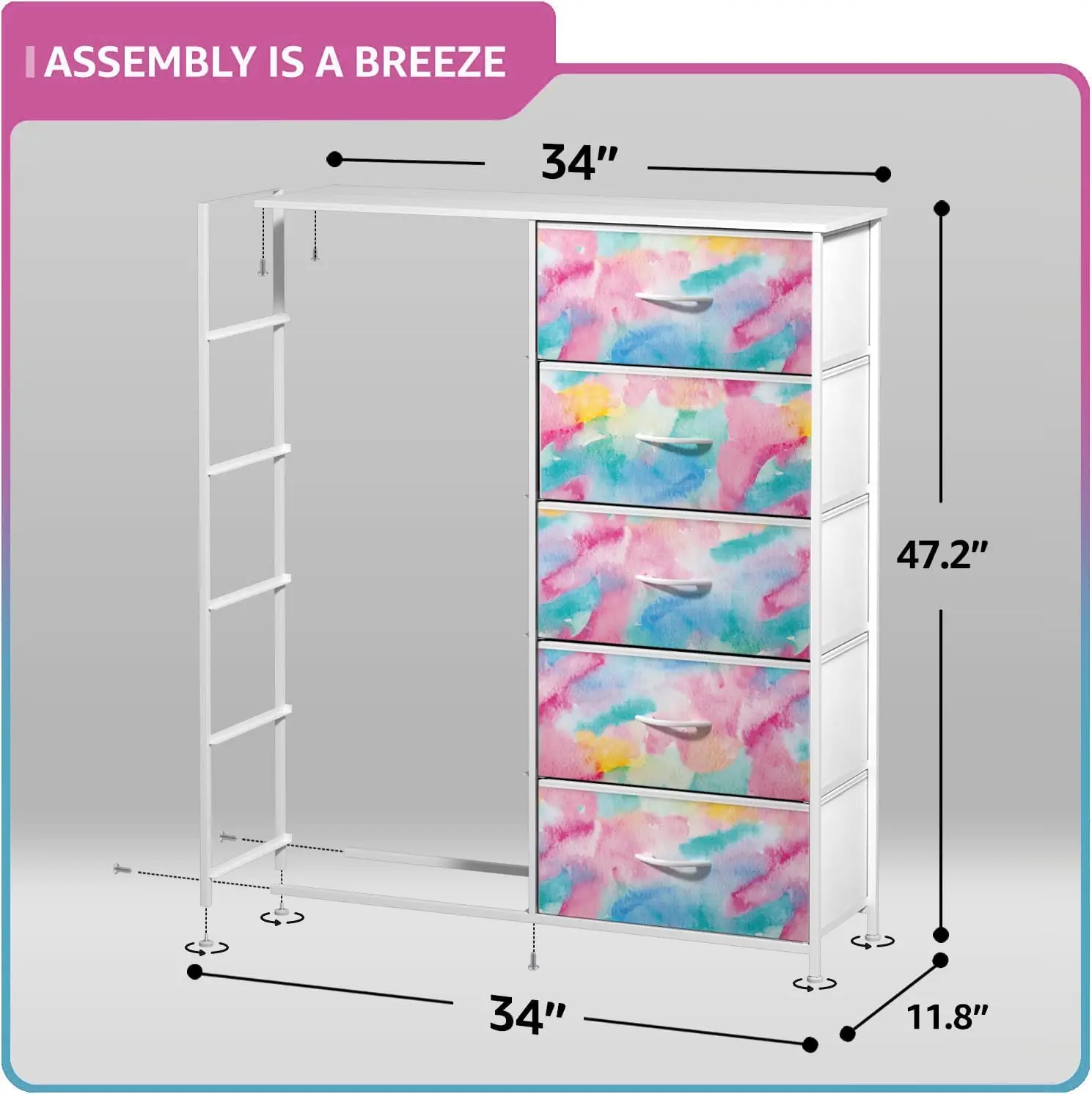 Cómoda para niños con 10 cajones, unidad organizadora de pecho de almacenamiento, mesita de noche, estructura de acero, tapa de madera, contenedores de tela Tie-Dye para ropa