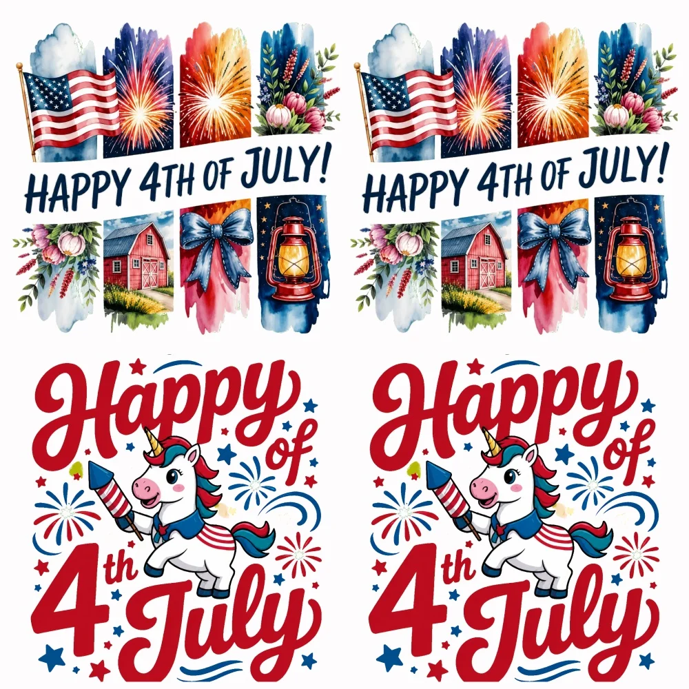 4PC 9.84in DIY iron on transfers,  Patriotic Unicorn Fireworks Easy to transfer heat, suitable for T-shirts,  washable stickers