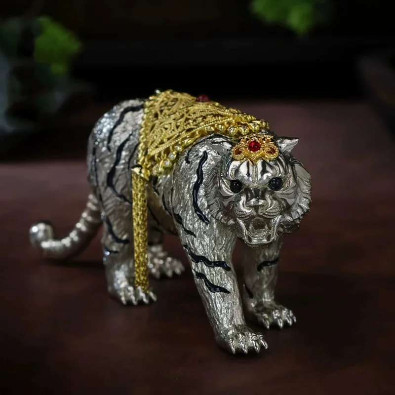 White Copper Tiger Statue Golden Filigree Saddle Feng Shui Animal Figurine Desktop Ornament Home Tabletop Collectible Craft Gift