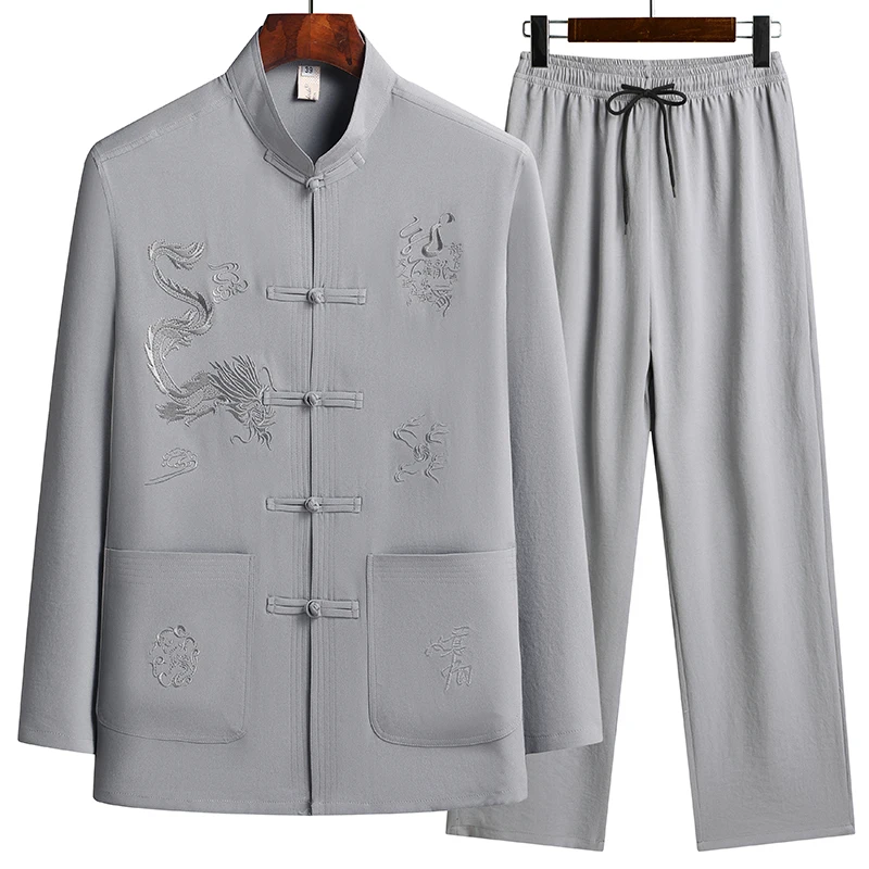 Shirt + pants, spring and autumn cotton and linen suit middle-aged dad long-sleeved Chinese style Tang suit two-piece set