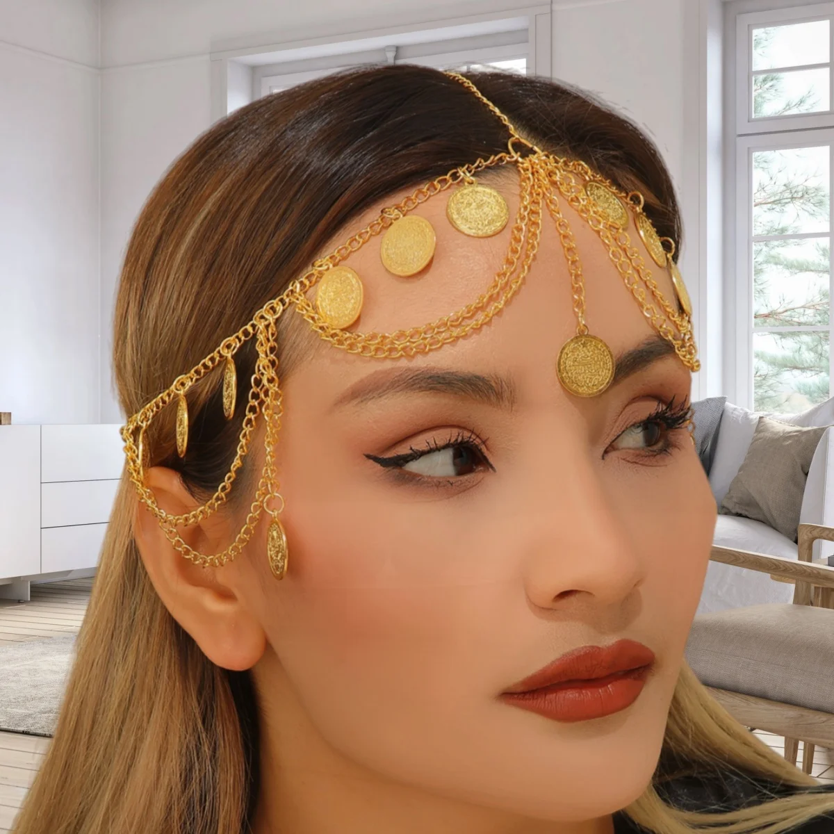 2026 Trendy Fashion Headpiece Jewelry Kurdish Golded Alloy Coin Chain Tassel Head Chain Women's Party Wedding Headdress