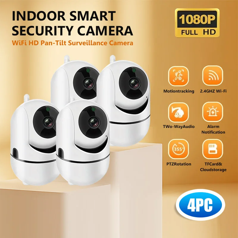 4-teiliges 1080P Full HD Überwachungssystem mit 2,4G WLAN, Vollfarb-Nachtsicht, Zwei-Wege-Audio, Bewegungserkennung, integriertem AP-Hotspot, kein Netzwerkanschluss, USB-Stromversorgung, geeignet für