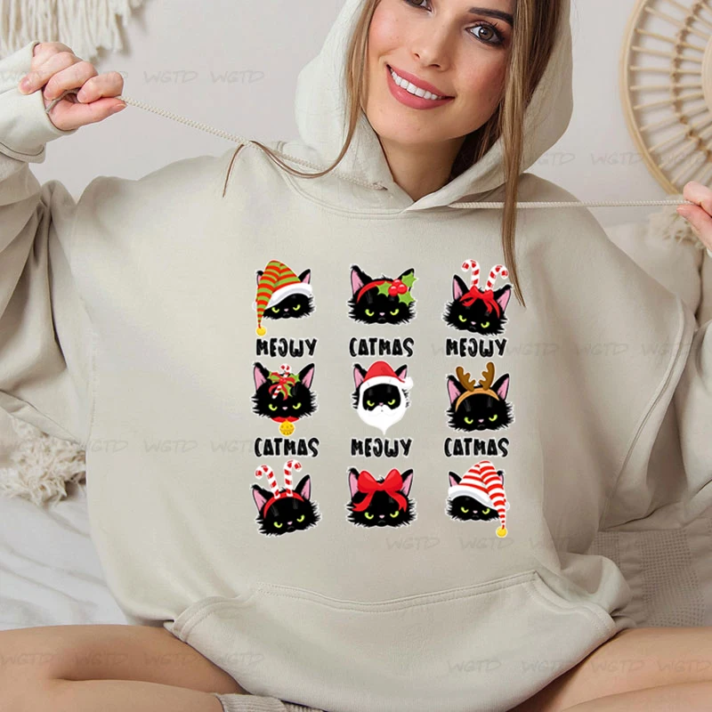 Merry Christmas Hoodie Women Casual Cartoon Meowy Catmas Cat Graphic Clothes 2025 New Year Vacation Xmas Gifts Sweatshirts Hoody