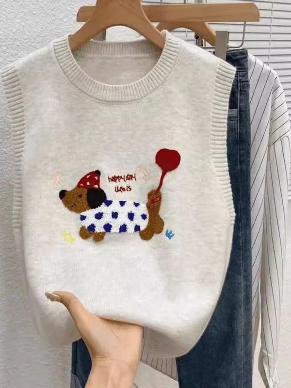 Cartoon Embroidered Dog Knitted Vest Women's Autumn Winter Loose round Ne Svel Sweater Vest Faionable oulder Trend