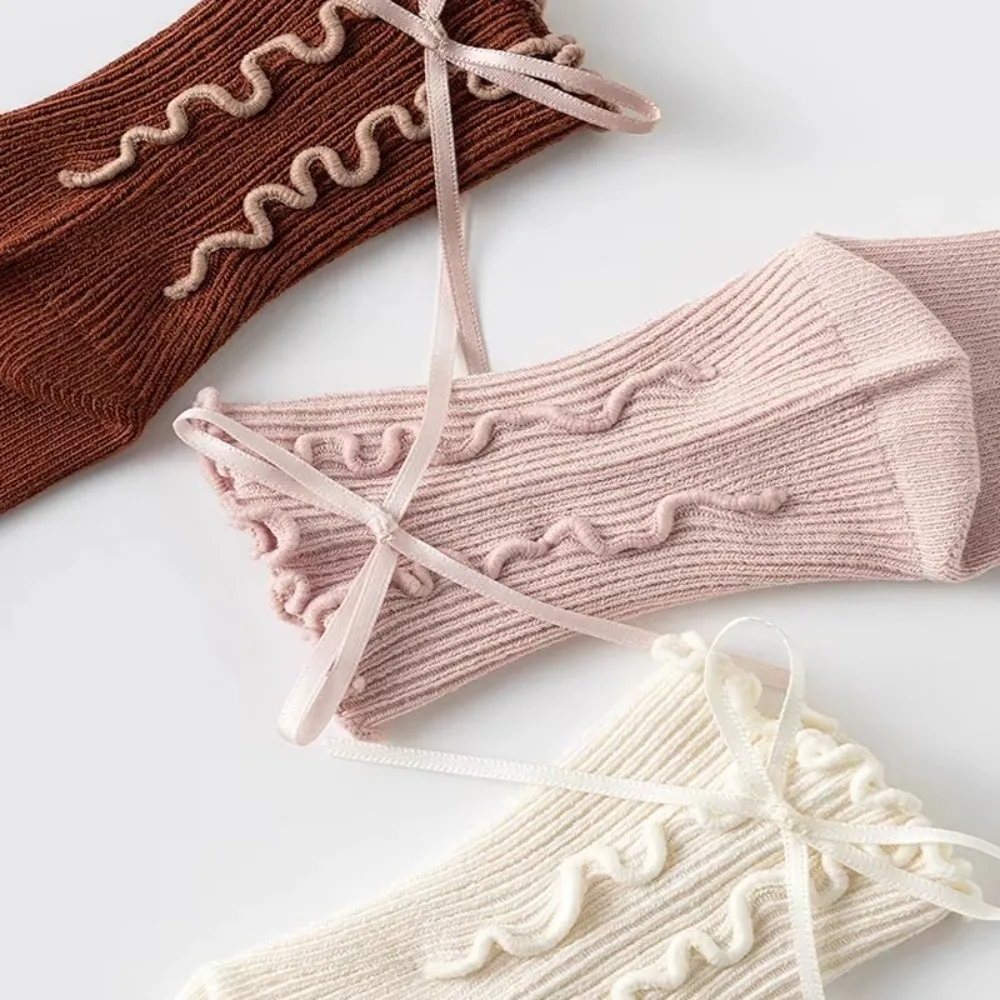 Cotton Material Cotton Mid Calf Socks Seamless Toe No Leg Restriction Ruffle Bow Socks Soft Fabric Loose Cuff