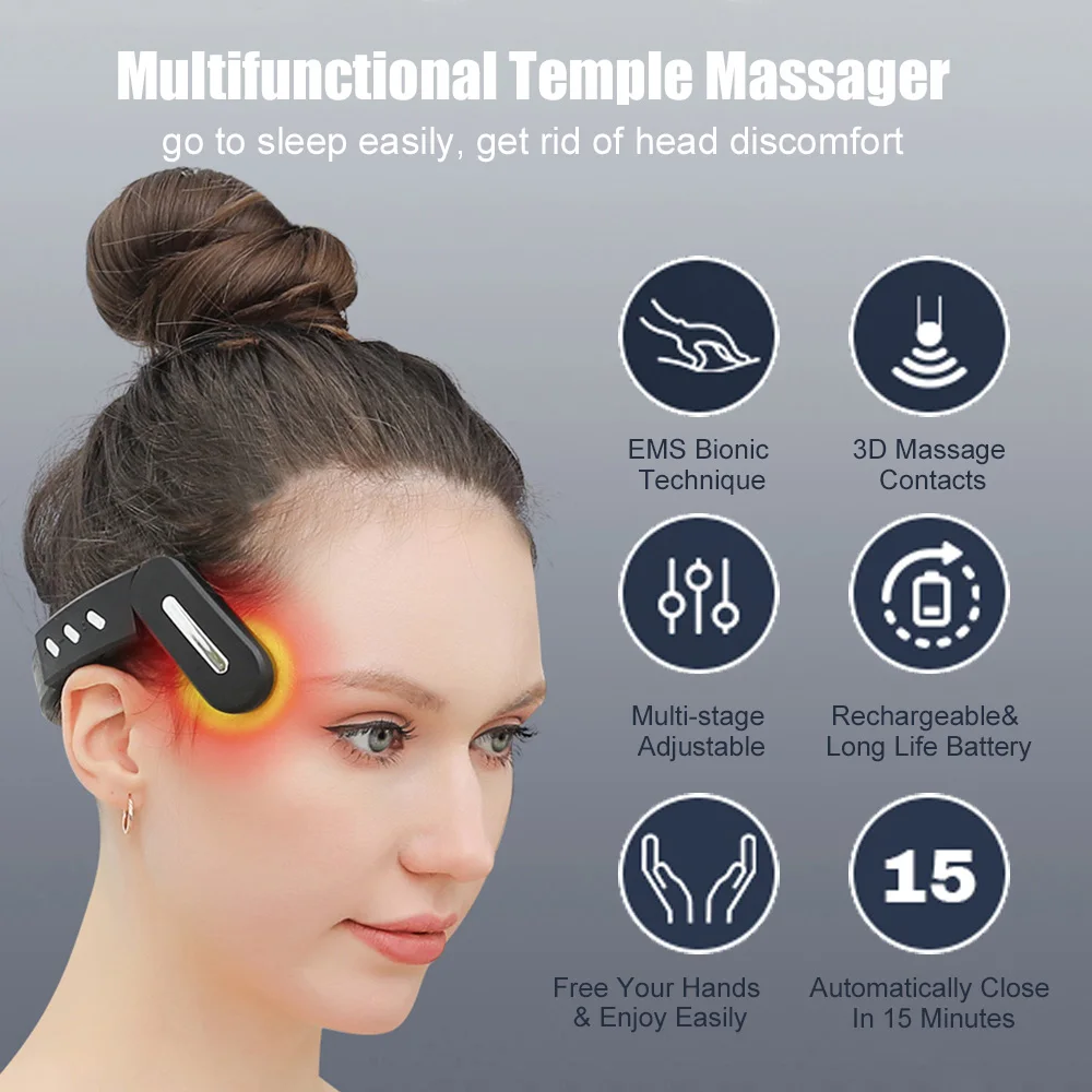 مدلك معبد الرأس الكهربائي EMS محفز الدماغ الحالي الصغير الاهتزاز التدفئة الصحة نبض العلاج تحسين جودة النوم