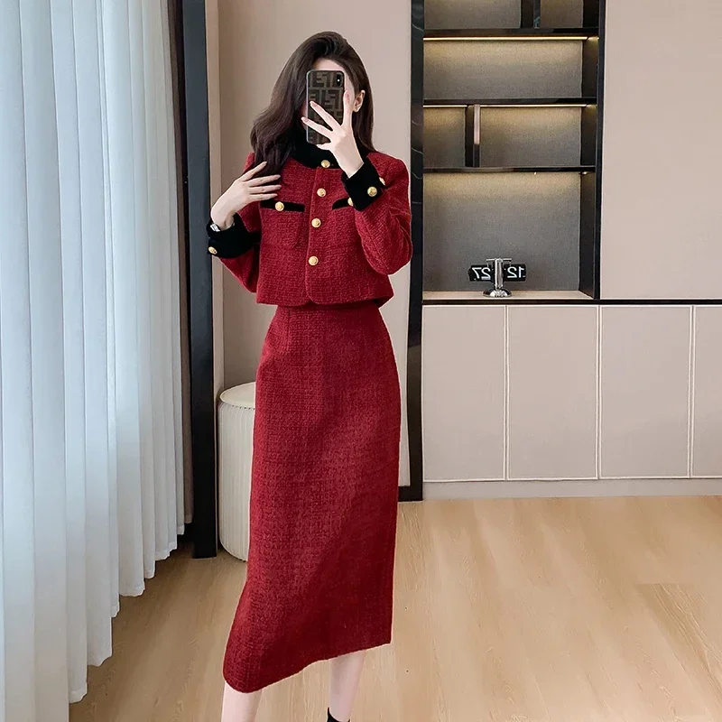 Popular French Style Socialite Women's Suit Jacket 2024 Autumn and Winter Elegant Short Coat Top Mid-length Skirt Two-piece Set