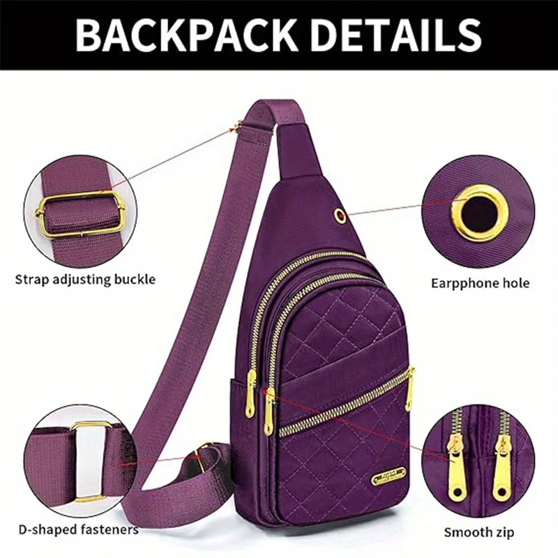 Gesteppte Nylon-Umhängetasche mit Goldreißverschluss, Mehrtaschen-Crossbody-Taschen für Damen und Herren, Alltags-, Freizeit-, Reise-, Outdoor- und Sporttasche – Detail 32