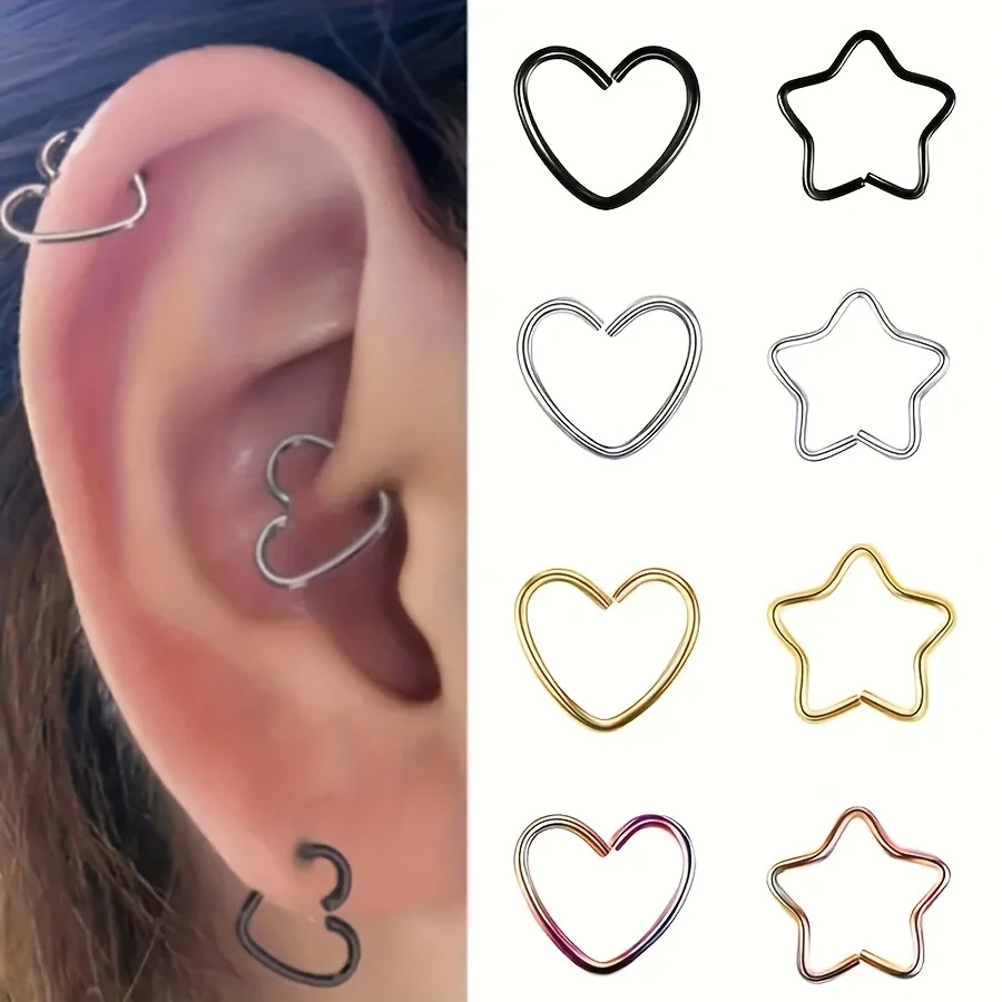 1pcs/4pcs Stainless Steel Hollow Heart/Star Shape Earrings Nose Rings Suitable For Daily Wear Non-Piercing Jewelry For Woman