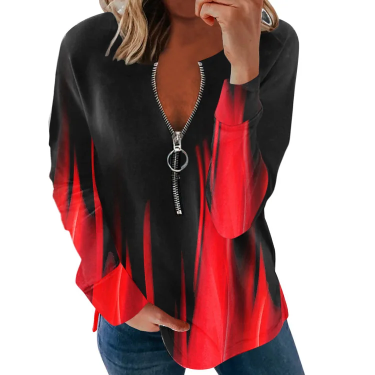 T Shirt Women 2021 New Europe United States v-neck long-sleeve Gradually Color Flame Loose Zipper T-shirt Tshirt Clothing ZC238
