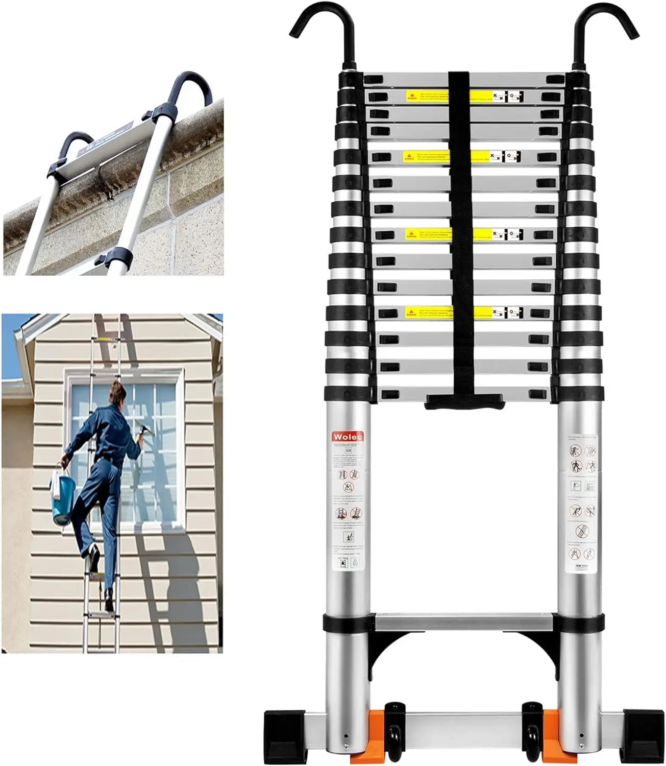 

Wolec 19FT Telescoping Ladder with 2 Detachable Hooks,Reinforced Anti-Pinch Telescopic ladders with 2 Triangle Stabilizers, Port