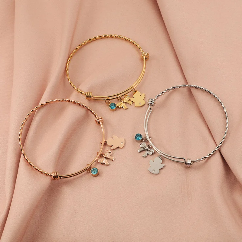 

10pcs Cross-Border Titanium Steel Angel Bow Twist Bracelet Birthstone Pendant Sweet Fresh Non-Fading Bracelet