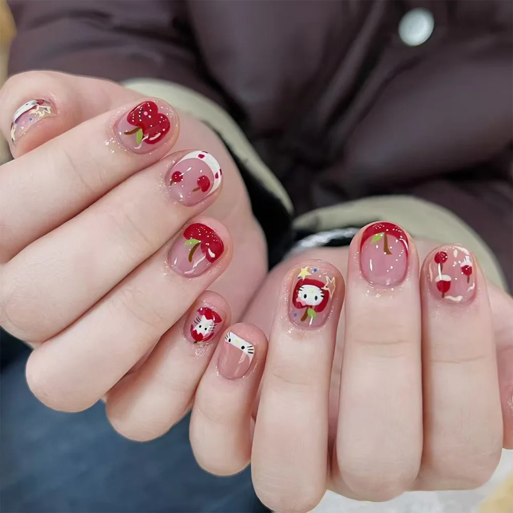 

24pcs Press on Nails Sweet Cat Apple Star French Full Coverage Nail Tips for Women&Girl Short Oval Removable Wearable Nail Art
