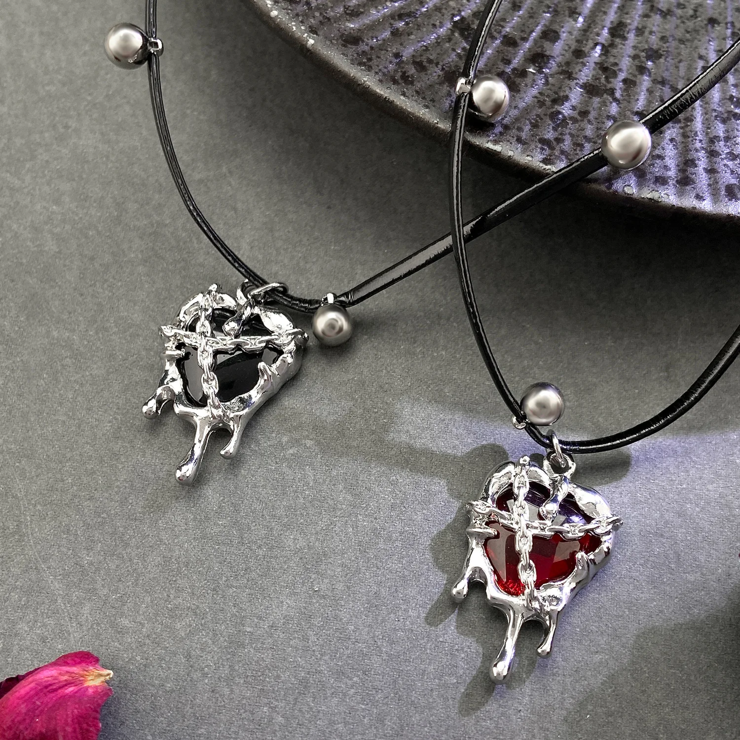 Punk Gothic Red Lava Star Cross Heart Pendant Leather Rope Necklace Kpop Vintage Harajuku Grunge Heart Vortex Sun Charms Chain