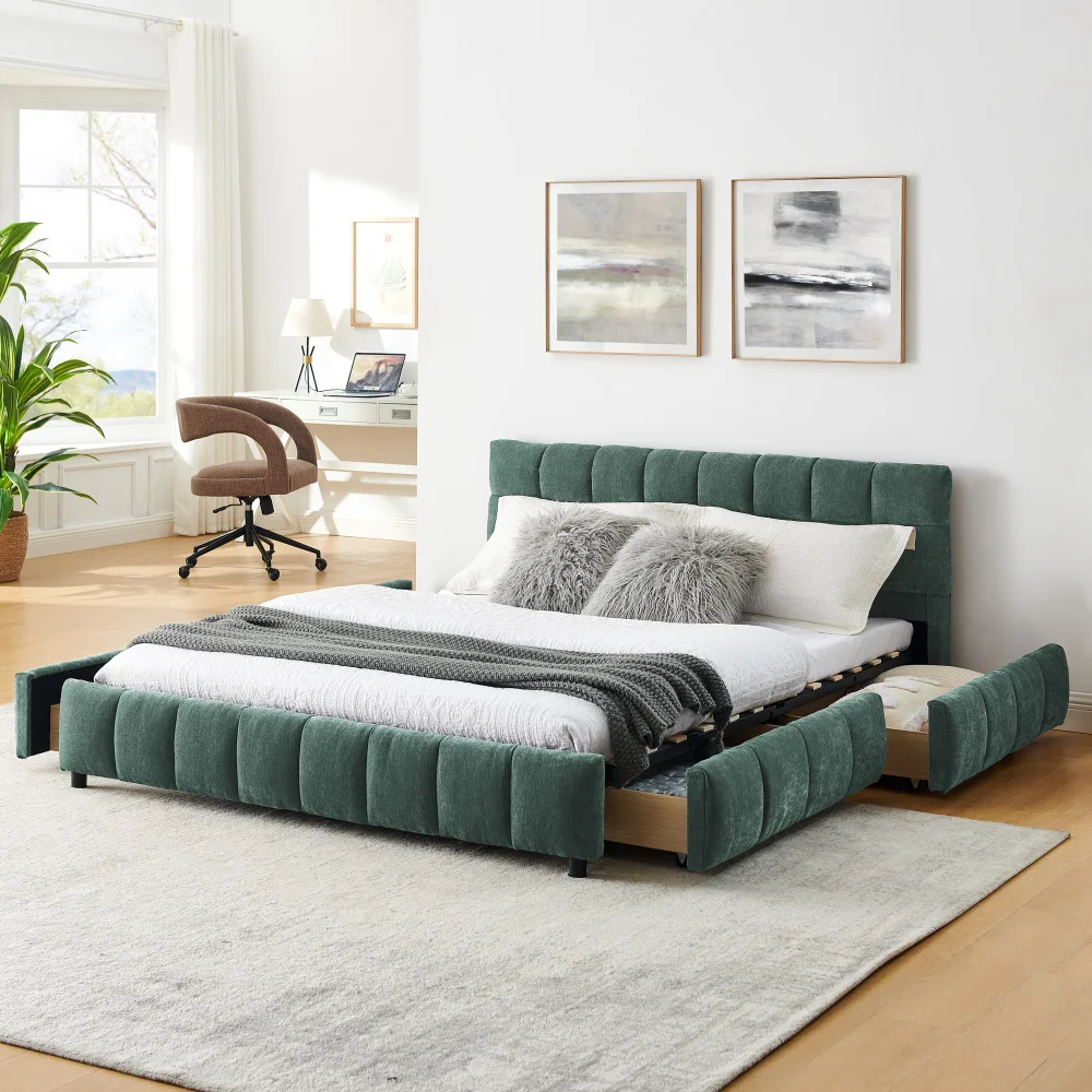 

*Modern Wood Frame Queen Size Chenille Upholstered Soft Headboard with Storage Drawer Bedroom Furniture