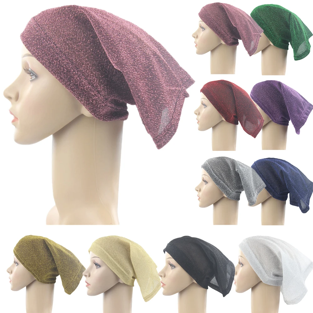 Weiche Glitter Inneren Hijab Caps Muslimischen Stretch Turban Kappe Islamischen Underscarf Motorhaube Hut Weibliche Stirnband Turbante Mujer Rohr Hüte