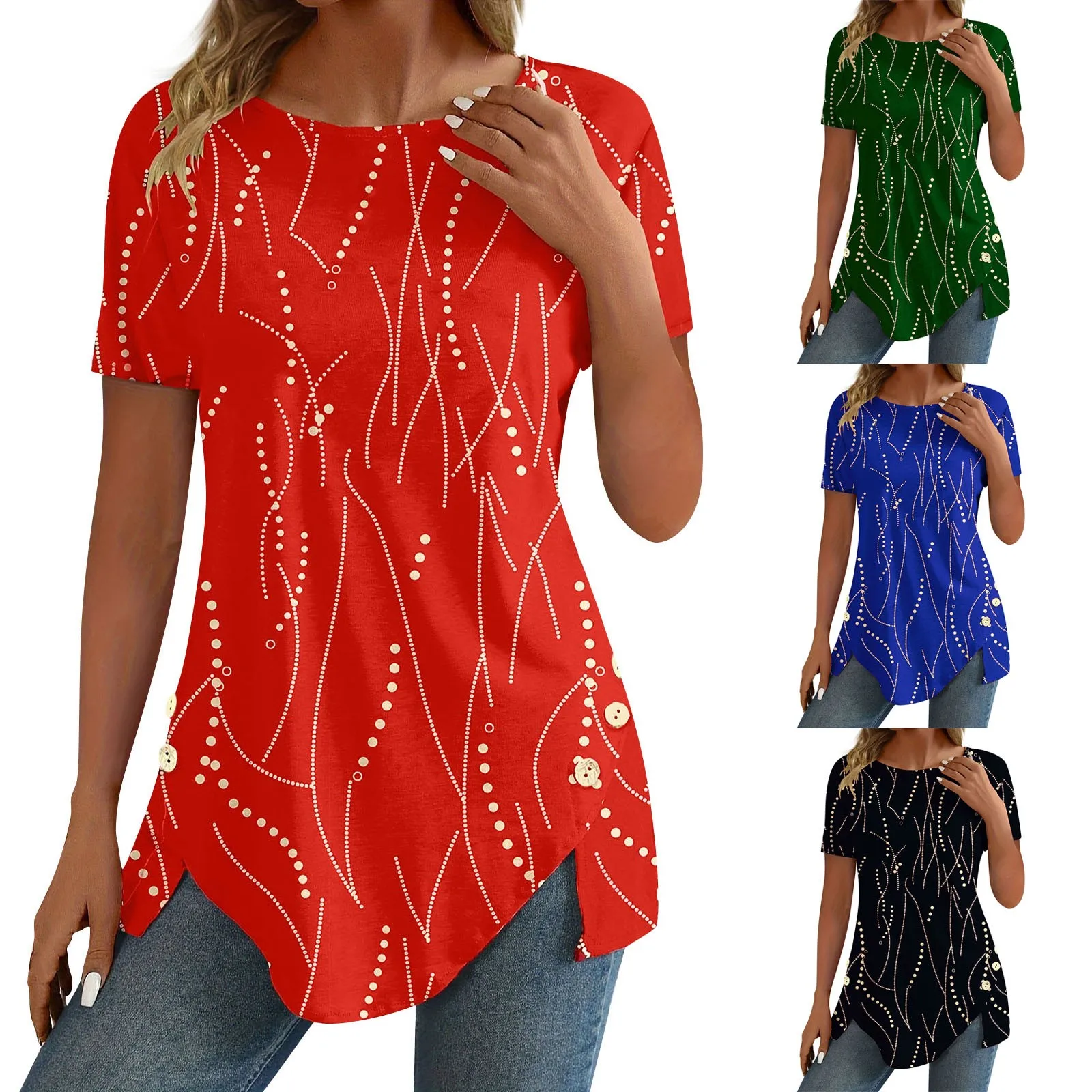 تيشيرت نسائي قصير الأكمام بنقط البولكا ، تيشيرت بحافة غير منتظمة ، تيشيرتات بياقة مستديرة ، أزرار ، لون سادة ، موضة صيفية